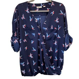 New York & Company Navy Blue Hummingbird Print 3/4 Roll-Tab Sleeve Blouse‎ Sz L